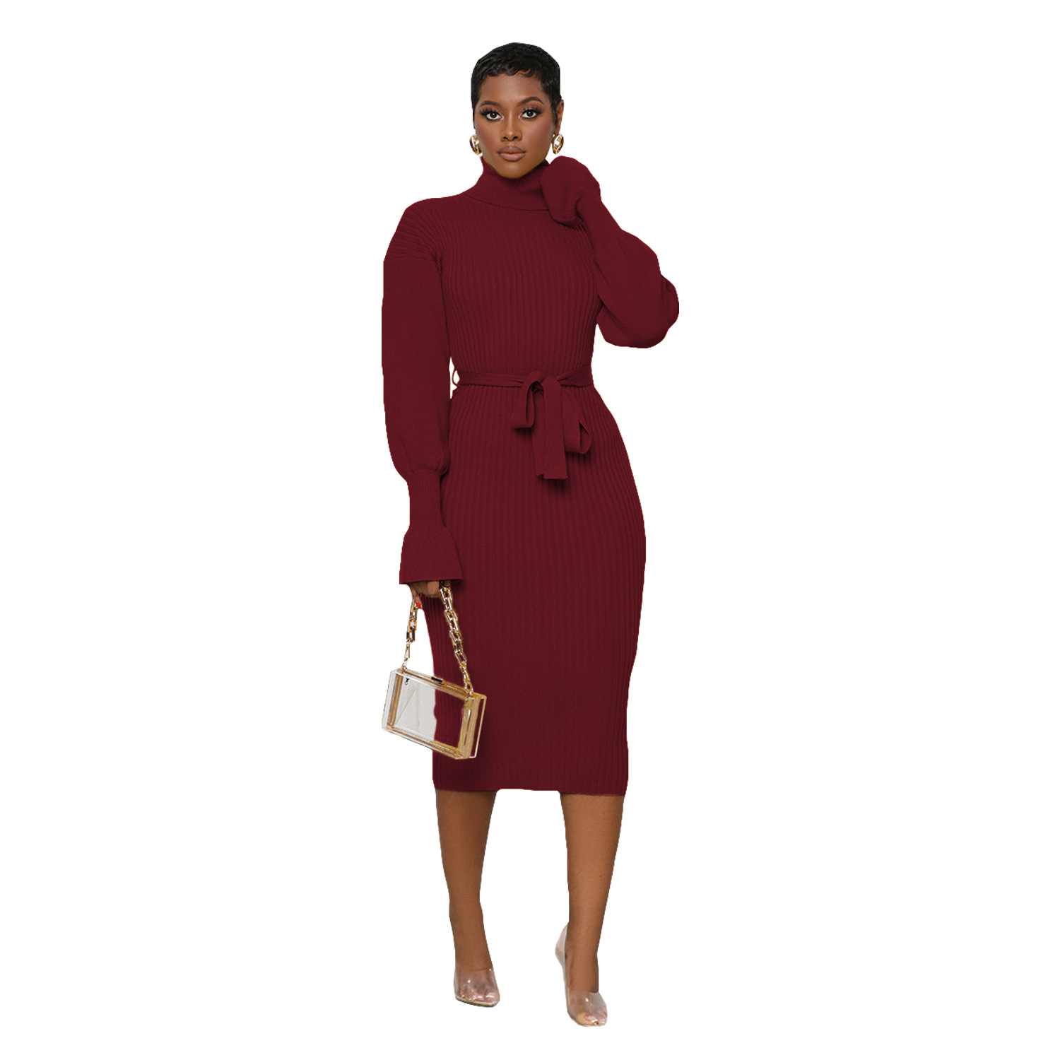 Women's Clothing solid color high collar knitted strap dress_voghion.com