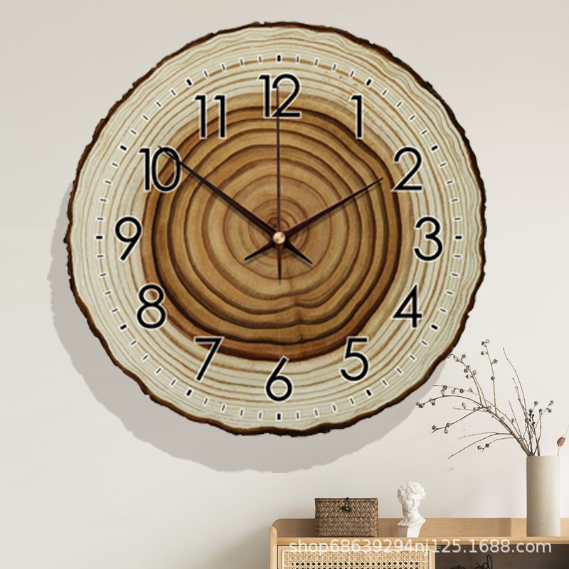 Automatic Timing Wall Hanging Clock Household Annual Rings Clock Log Wind Living Room Hanging Clock Silent Wind Imitation Wood Grain Electric Wave Clock
