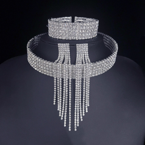 Classic Metal Tassel Rhinestone Bridal Jewelry Three Piece Set Women's Rhinestone Wedding Necklace Earrings Bracelet Set
