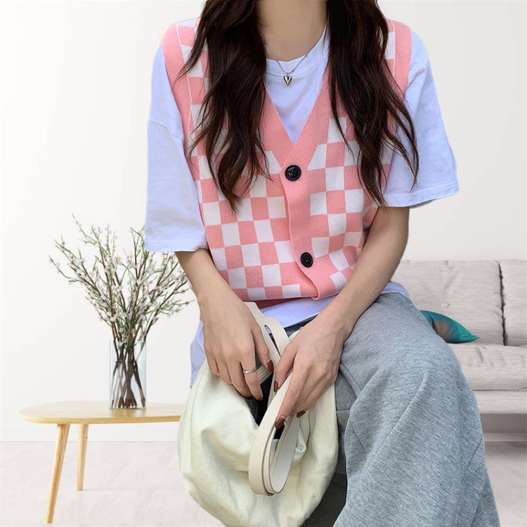 Knitted Knitwear Vest Women's Vest Design Spring and Autum 2025 New Loose Plaid Outer Cardigan Vest Jacket