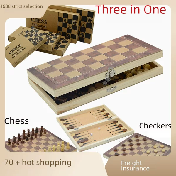 Factory direct chess foldable three-in-one wooden puzzle chess game toy chess cross-border