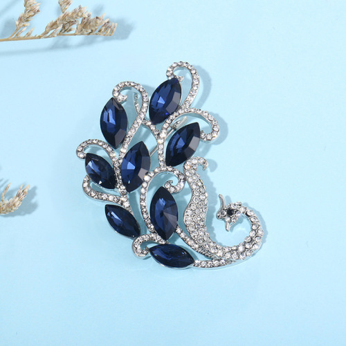 New Korean version of blue crystal phoenix brooch for women alloy diamond anti-exposure pin fashion corsage suit accessories