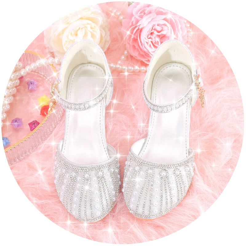 Детское женское платье принцессы с кристаллами и жемчугом на высоком каблуке, обувь для подиума, модель для девочки с цветком, маленькая девочка