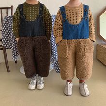 儿童背带裤女童牛仔裤子加摇粒绒秋冬装加厚男童2021新款宝宝长裤