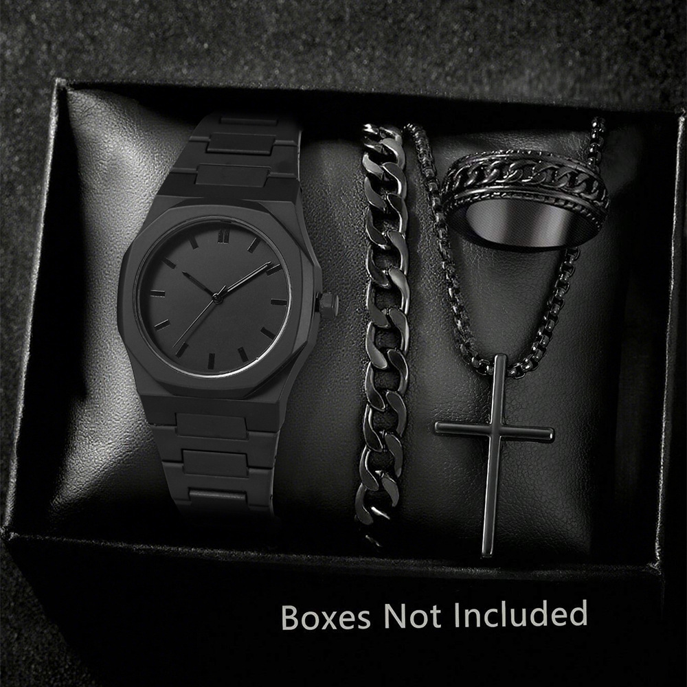 Black case, black dial, black bar pattern + bracelet + cross charm (with box)