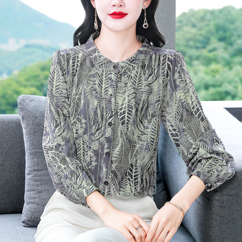 时尚减龄印花长袖雪纺衬衫女士秋装新款气质显瘦衬衣百搭洋气上衣|undefined