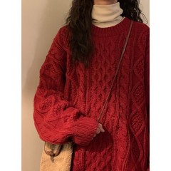 赤い麻の花のセーターの女性の秋冬の新年の百合は日本の怠惰なレトロなゆったりした高級感の上着を厚くします。
