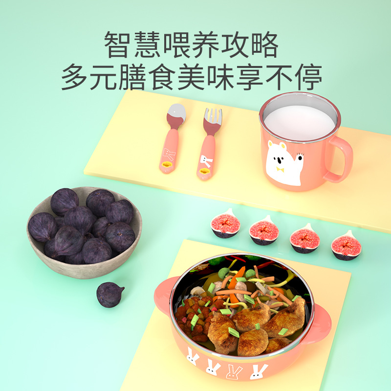 316L de acero inoxidable Los niños vajilla traje suplemento alimenticio bebé lechón tazón taza agua babero tenedor cuchara