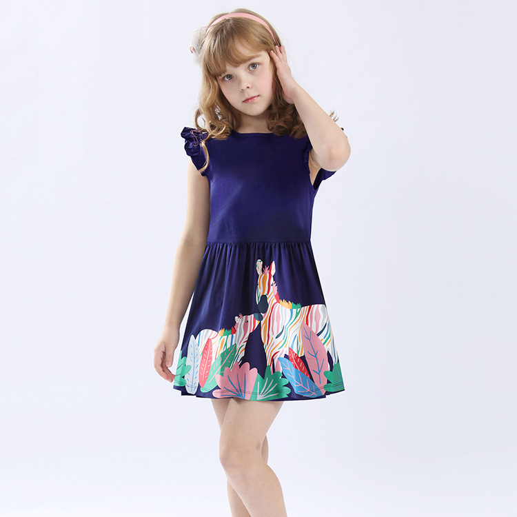 Nuevo Vestido de Verano 2025 para Niñas, Estilo Europeo y Americano, de Algodón Puro Estampado, Vestido de Princesa de Manga Corta, Venta al por Mayor Transfronteriza de Ropa Infantil