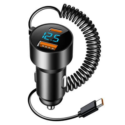 New digital display car charger with one-to-three-belt digital display car charger 100w super fast charger multifunctional car charger (Mobil şarj cihazları) - single-100w-cableusb100wpd-opp-bag