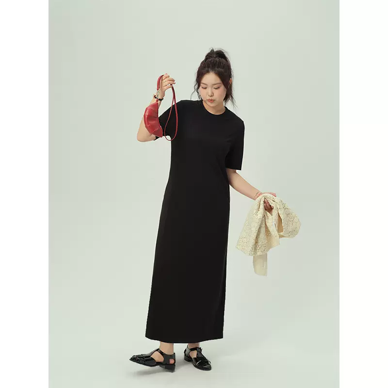 大码女装夏季新款时尚减龄显瘦连衣裙女 短袖T恤黑色显瘦休闲长裙