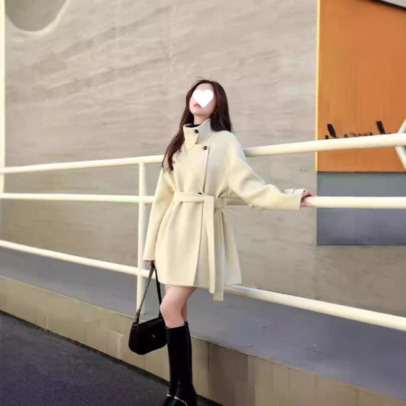 New Hong Kong-style Slim-fit Woolen Coat Autumn and Winter New Women's Mid-length Wool Double-sided Woolen Coat Double-breasted Coat