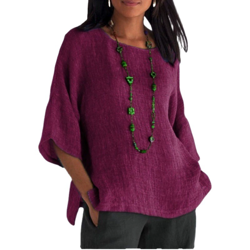 Отправка в тот же день: Новинка 2026 Wisheaby Amazon – женская одежда для внешней торговли: хлопково-льняная блузка с рукавом три четверти и круглым вырезом