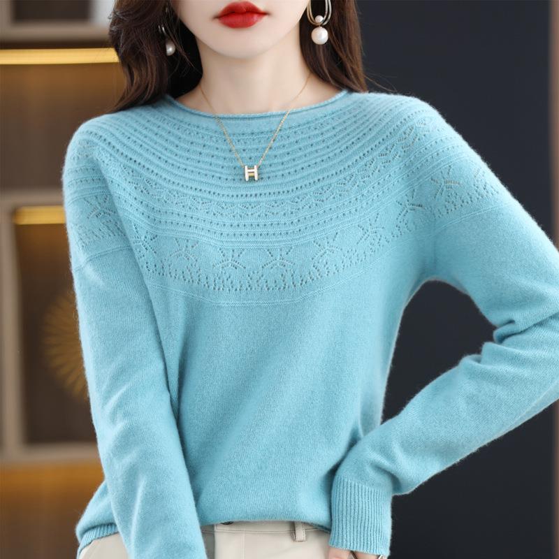 Curled Crewneck Hollow-out Wool Sweater Women's Autumn and Winter Loose Slimming Outer Wearing Long-sleeved Base Sweater First-line Garment Knitted