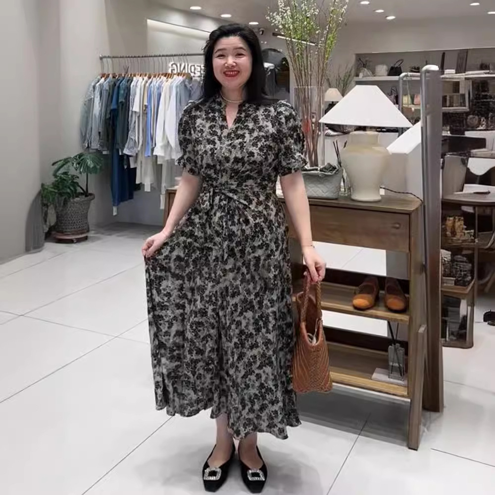 Đầm maxi hoa nhí phong cách Pháp chất liệu chiffon tay ngắn thắt eo — Hoa nhỏ
