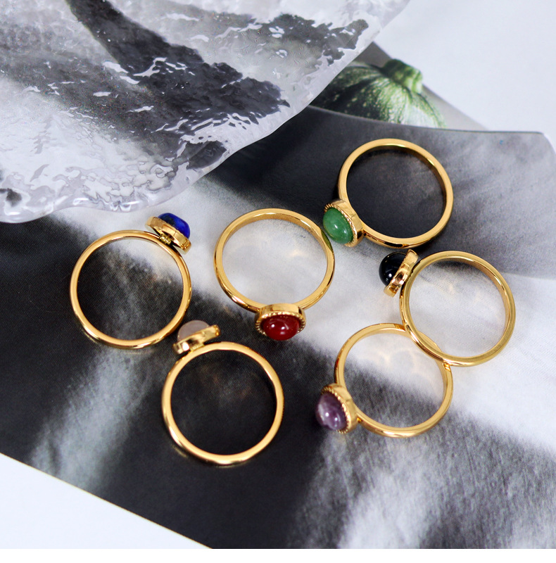 Titanium Steel 18K Gold Plated Casual Sweet Round Inlay Natural Stone Agate Rings display picture 7