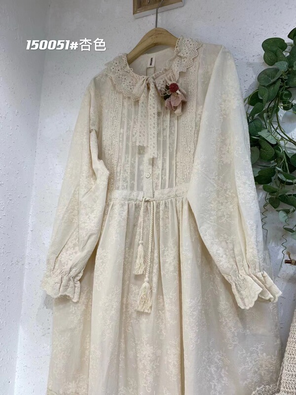 Hjm150051 Forest-Style Sweet Girl Lace Heavy Embroidery Dress Japanese Cotton Waist-Cinching Doll Collar Dress