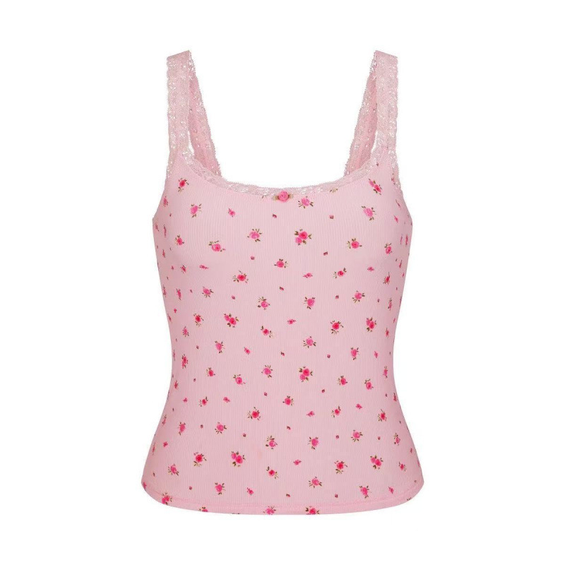 Skims Kardashian Floral Pink Stretch Top Lace Camisole