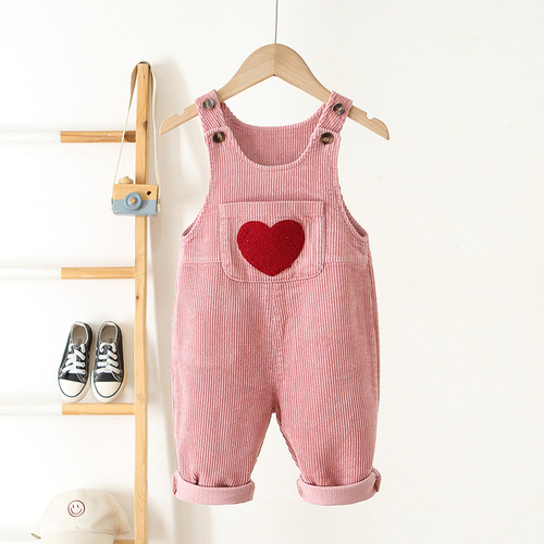 Children's clothing 2024 new children's overalls Korean style corduroy overalls for boys and girls love embroidered jumpsuits