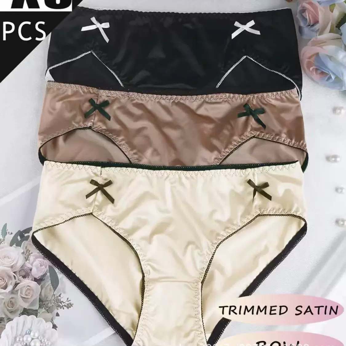 跨境女士三角裤缎面低腰比基尼内裤柔软丝滑性感蝴蝶结大码内裤女