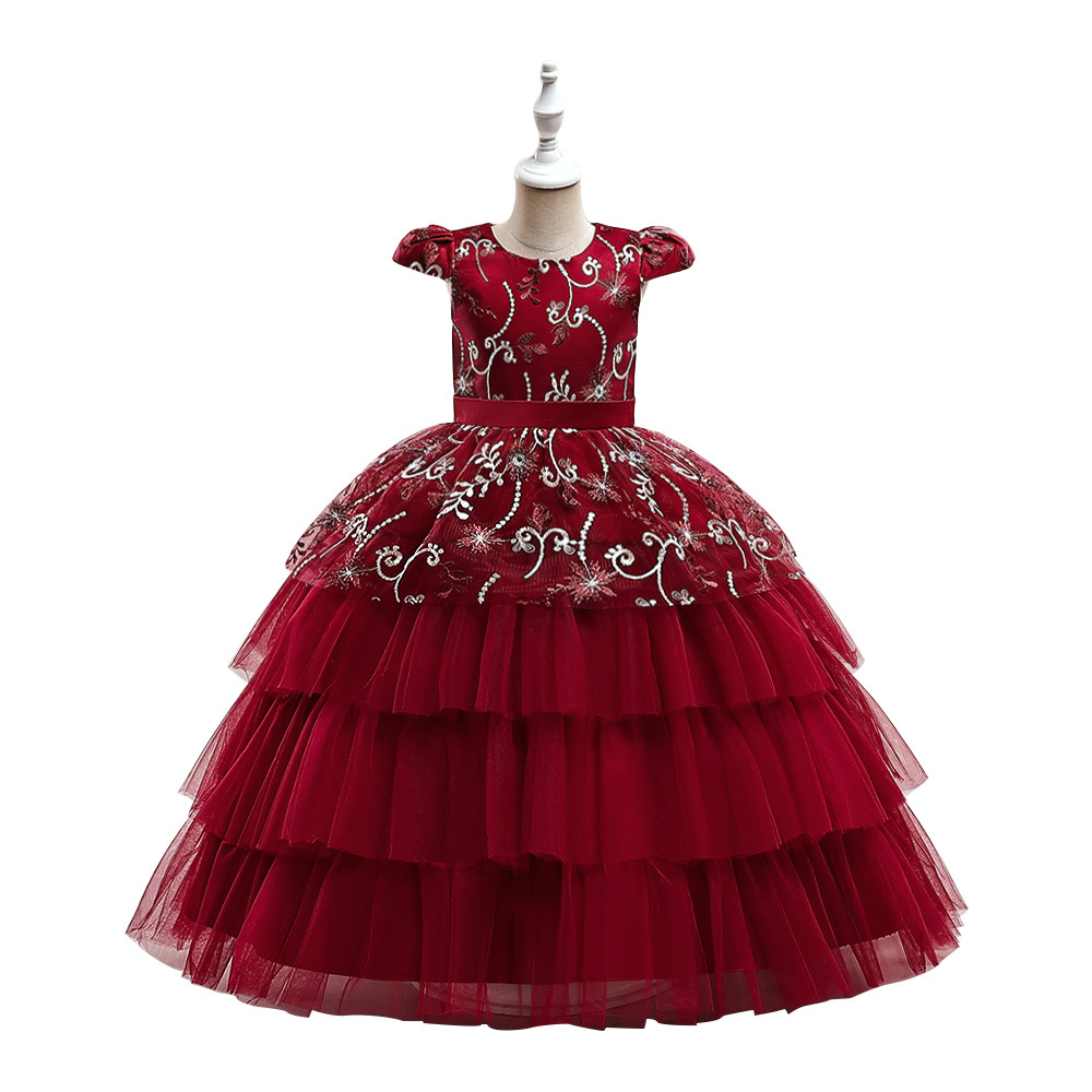 Vestido de princesa para niñas, vestido de niños bordado de satén, falda de tutú de malla de manga voladora pequeña, vestido de actuación para niños