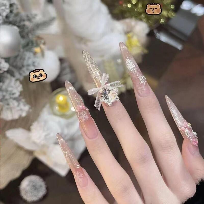 Handmade Christmas luxury snowflake luxury manicure with bows, ice-effect long fake nails Handmade Christmas luxury snowflake luxury manicure with bows, ice-effect long fake nails