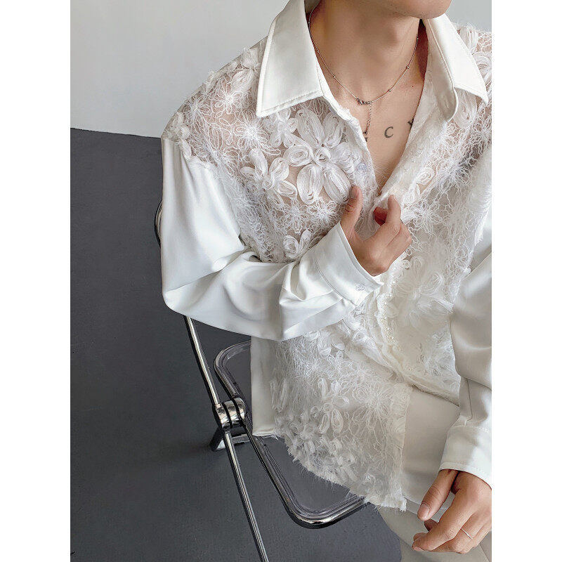 In Stock! 25 Hollow Lace Men's Pearl Heavy Luxury Gorgeous Dress Shirt New Fashion Stage Performance