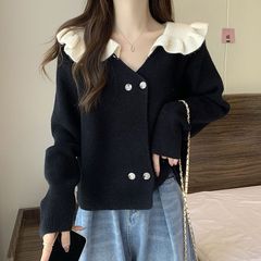 大码胖mm娃娃领时尚长袖针织衫女秋冬法式宽松显瘦遮肚短款感毛衣