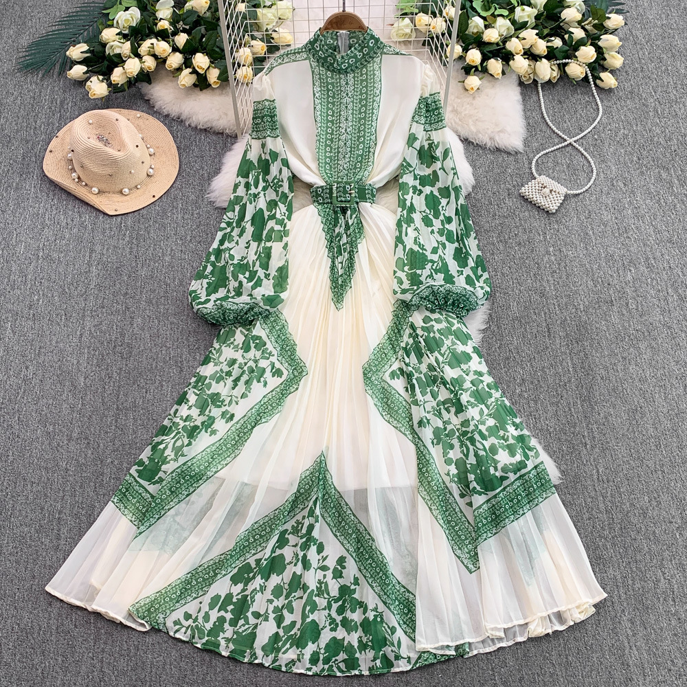 Retro Printed Dress With Stand Collar And Lantern Sleeves_voghion.com