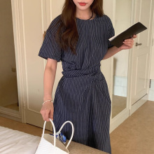 韩国chic夏季复古气质圆领扭结绑带收腰显瘦短袖条纹连衣裙长裙女