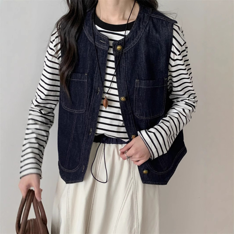 Versatile Casual Retro Denim Vest Sleeveless Jacket for Women, Spring Casual Layered Vest Jacket Top