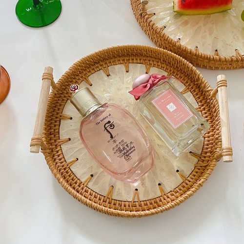 Shell-woven double-ear rattan fruit round tea tray basket woven breakfast basket bread basket pastry basket