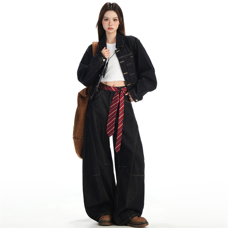 Dark Blue Stitching Split Scimitar Jeans for Women, Retro American Street Style, High-Waisted, Slimming, Loose, Versatile Wide-Leg Pants