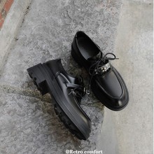 真皮小皮鞋女2025年新款英伦小个子厚底圆头粗跟锁扣系带乐福鞋