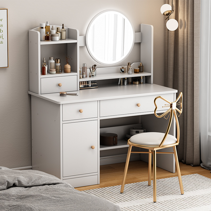 Bedroom vanity with minimalist modern master bedroom, small apartment light luxury style desk storage cabinet integrated mirror vanity desk