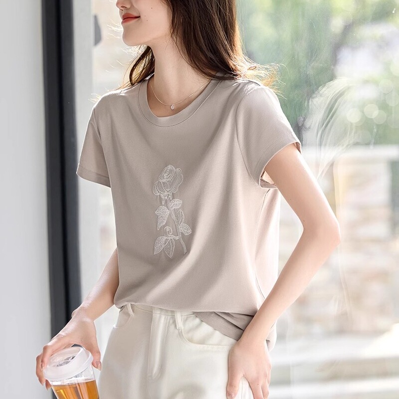 Slim Lace Cotton Embroidered Design Small Cover Sleeve T-Shirt for Women 2025 Summer Elegant Short-Sleeved Top
