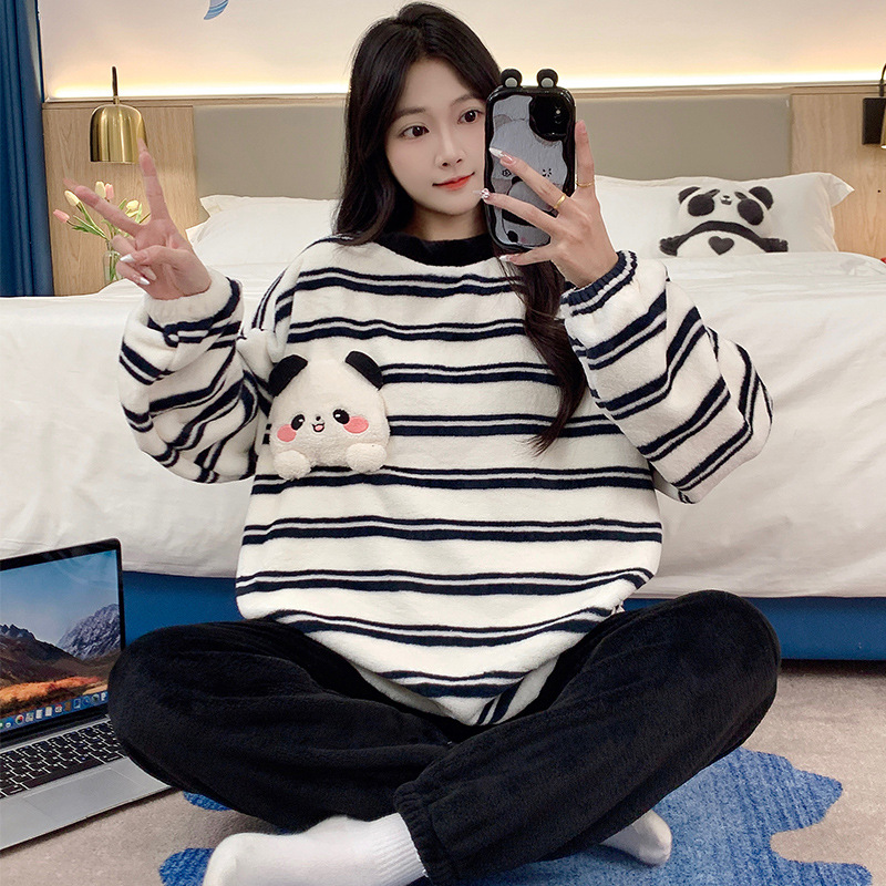(2개) 잠옷 겨울 여성의 두꺼운 기모 산호 양털 달콤한 쿠시 아웃웨어 홈 옷 여성 플란넬 세트