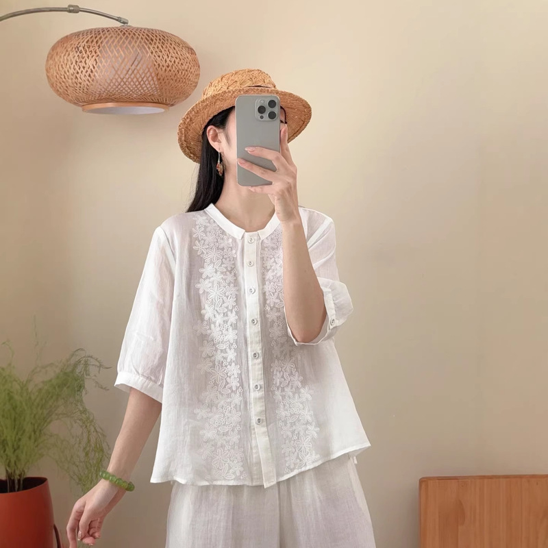 Ramie Heavy Embroidery Round Neck Shirt for Women 2026 Summer New Fashion Loose Versatile Half-Sleeve Blouse