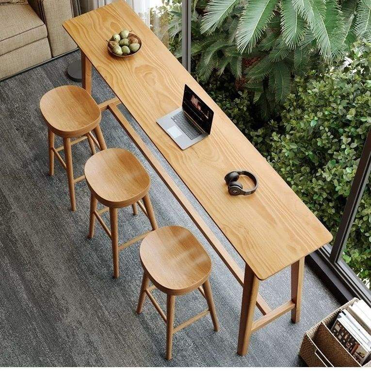 Solid Wood Bar Table and Chairs for Home Bar, Natural Wood Color, High-Legged Narrow Table, Balcony Modern Leisure Small Bar
