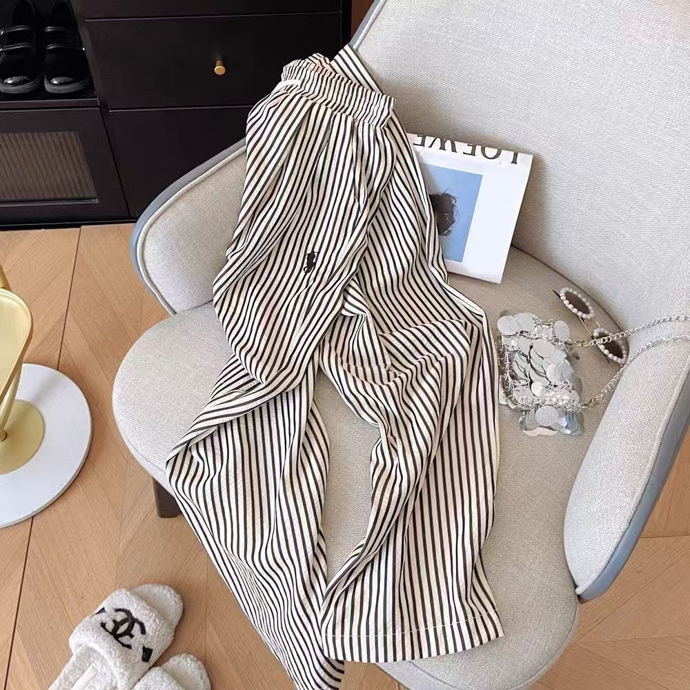 Spring and Summer Embroidered Striped Wide-Leg Pants, High-Waisted, Slimming, Drapey, Straight-Cut, Loose, Casual, Home Wear Long Pants