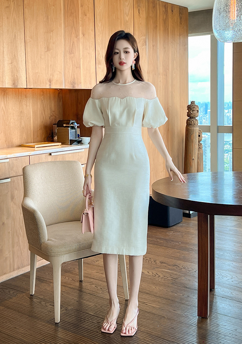 Đầm dự tiệc maxi nữ tay phồng thắt eo kiểu dáng thanh lịch — Màu kem chi tiết 5