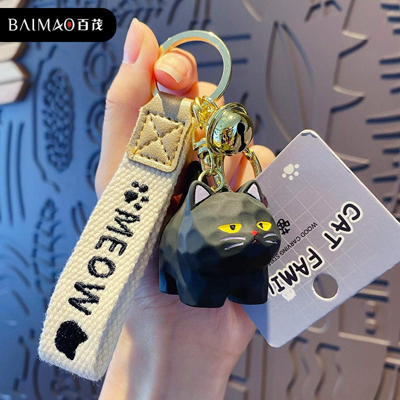 Милый брелок для ключей в виде resin-кошки из дерева, подвеска для сумки с колокольчиком и упаковкой OPP, 5 моделей
