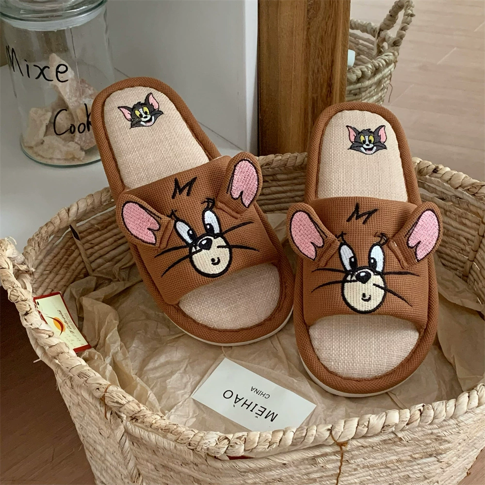 Милые тапочки из хлопка и льна с изображением Тома Джерри, пара кошек и мышей, весенне-летняя домашняя обувь для комнаты с кондиционером для мужчин и женщин