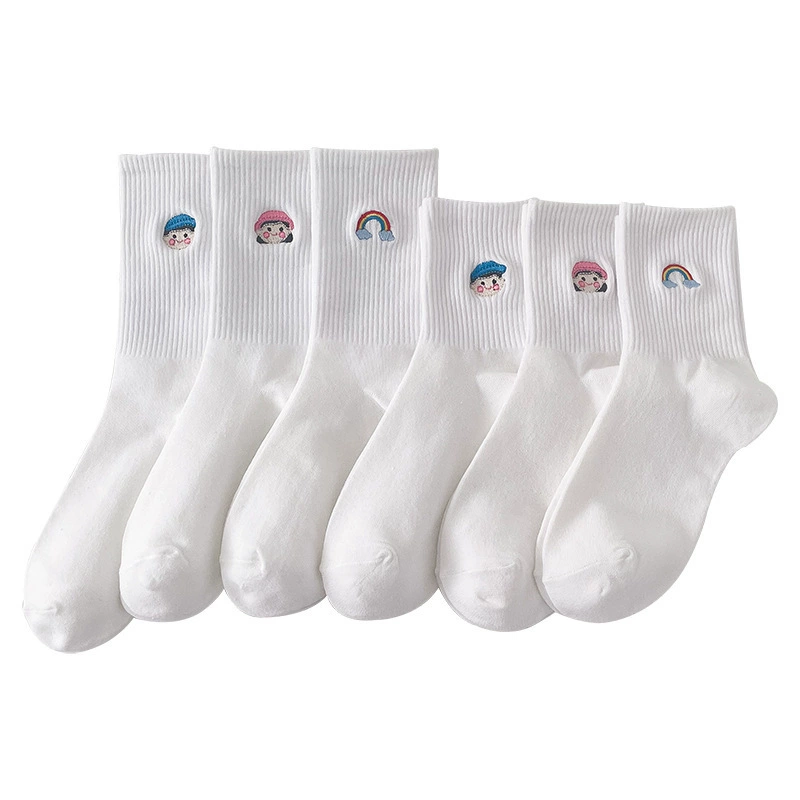Demi-season white rainbow embroidery, Japanese cute colored knee socks for elementary school students, with embroidery