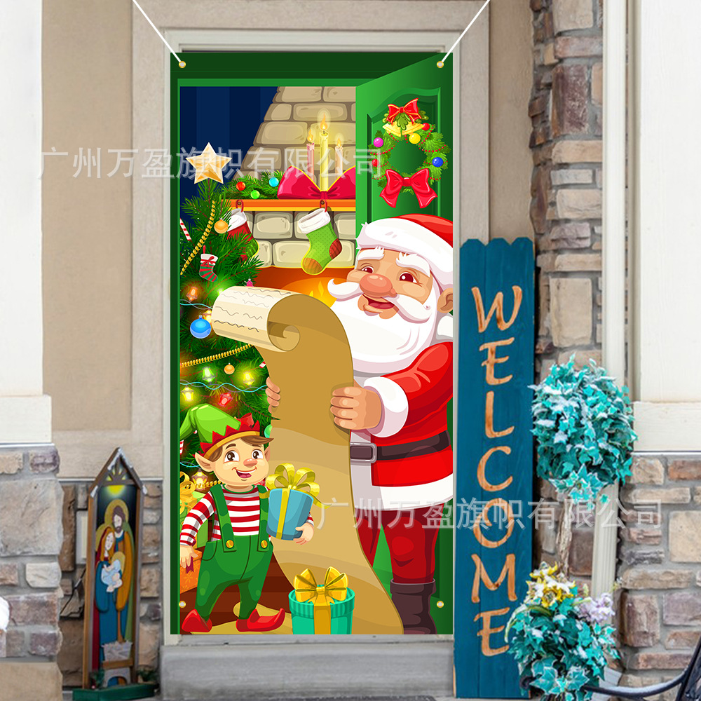 2025 nuevos productos de navidad cortina de bandera Santa Claus para ver la hoja de regalo decoración de tela colgante Bandera de bienvenida de Navidad