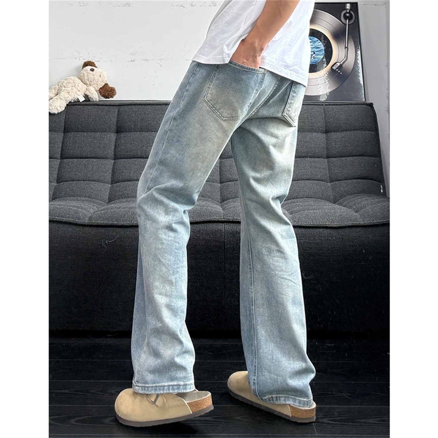 American High Street Vibe High Waist Pants Men's Spring Retro Blue Scimitar Jeans Washed Straight Pants_viptrois.com