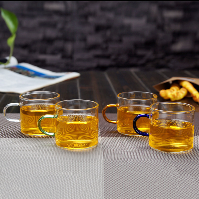 Mango de color taza de té de vidrio de borosilicato taza de té de flores de vidrio transparente para el hogar para invitados taza de té pequeña taza de beber 100mL