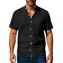 亚马逊跨境欧码男士夏季宽松亚麻开衫纯色休闲立领沙滩短袖衬衫上
