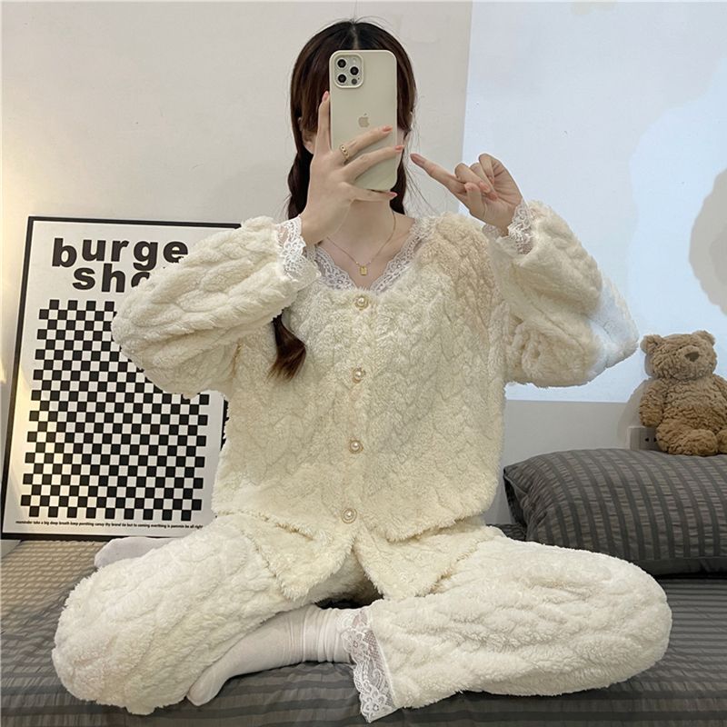 Transmisión en vivo transfronteriza 260g Jacquard encaje pequeño viento cardigán de invierno grueso pijama de mujer ropa de casa