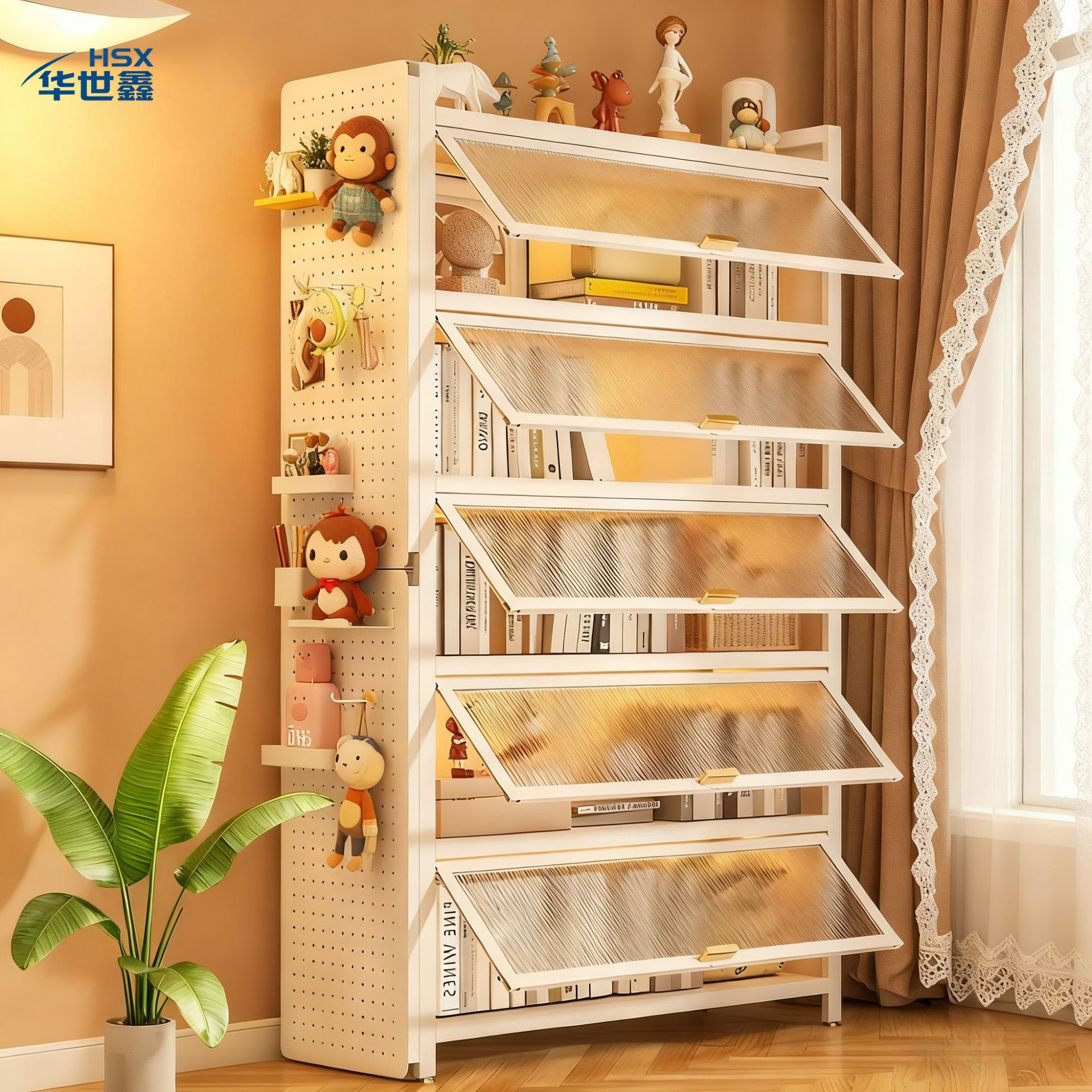 Household Steel Bookcase with Door Children's Bookshelf Integrated Wall-Mounted Dust-Proof Storage Cabinet Floor-Standing Storage Rack Storage Cabinet